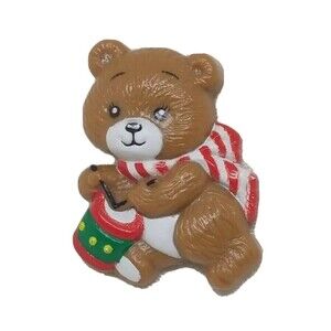 Russ Teddy Bear Pin Holiday Drumming Red Green Plastic Brooch Vintage Christmas